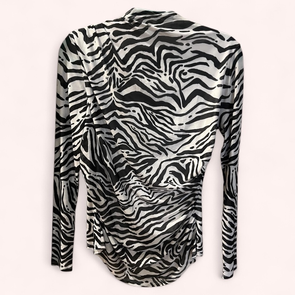 Adrienne Landau Zebra Print Long Sleeve Ruched Mock Neck Top NWT Size S Office